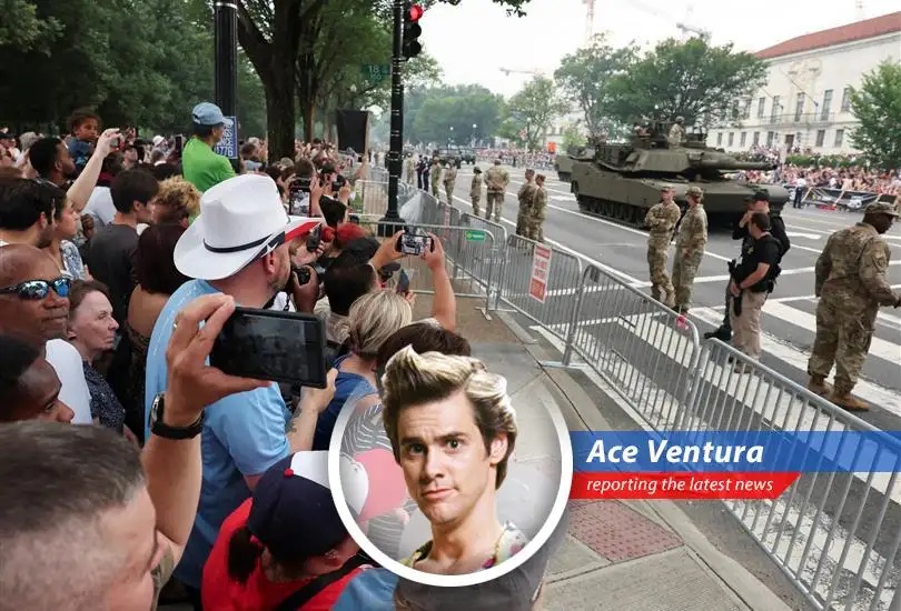 Ace Ventura investigates the buzz around President Trump's military parade, complete with tanks, choppers, and a hefty price tag that's got folks squawking like a flock of seagulls!
