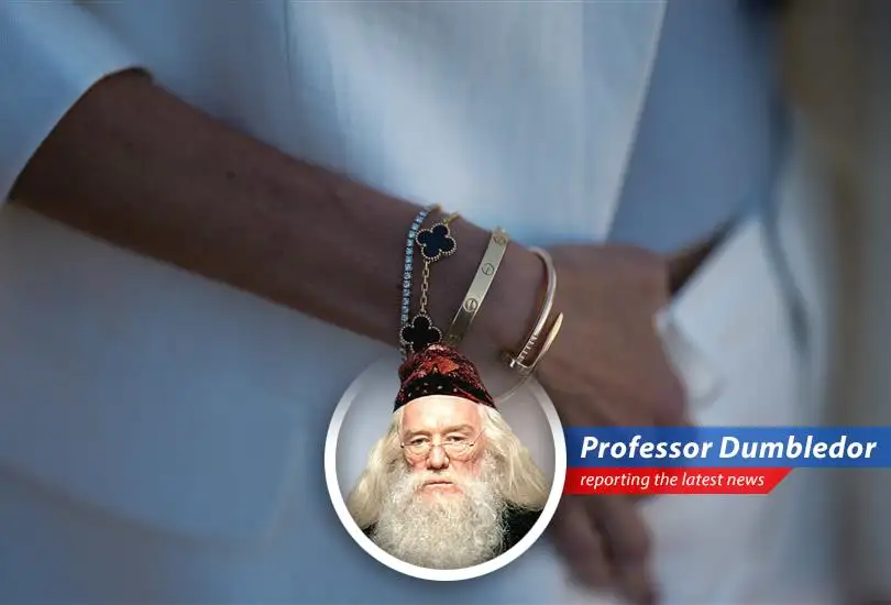 An insightful analysis of the luxury retail market's peculiar downturn, where jewelry shines amidst a general spending slump, viewed through the whimsical lens of Albus Dumbledore.