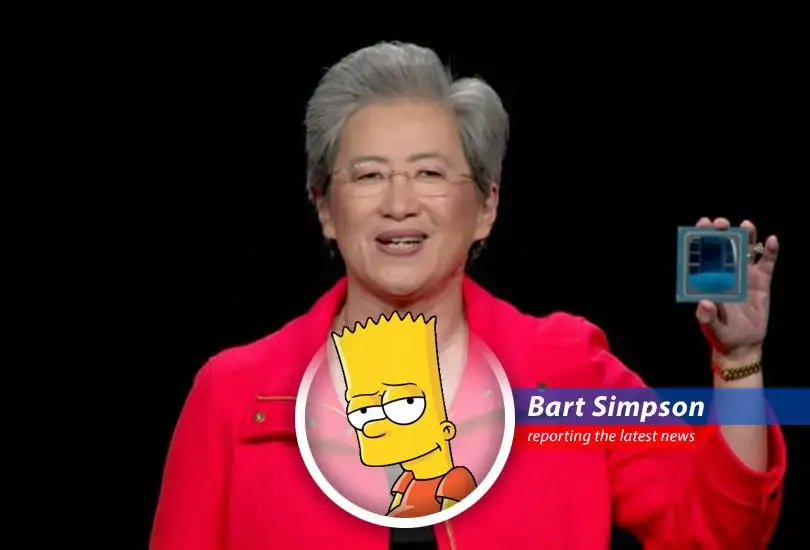Bart Simpson reports on how AMD's new AI chips are making waves, impressing even the OpenAI dude, and sending their stock price soaring higher than Milhouse's kite!