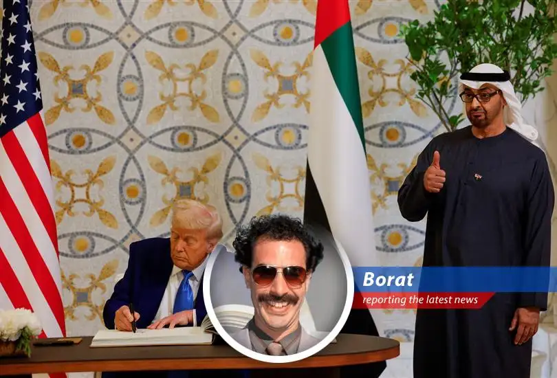 Borat reports on Trump's deal allowing the UAE to purchase advanced American AI chips, raising concerns about national security but promising a future of super-smart technology in the desert! Chenqui!