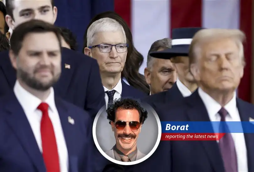 Borat reports on Trump's talk with Apple CEO Tim Cook after tariff suspension agreement with China, potentially boosting Apple's business in the USA. Chenqui!