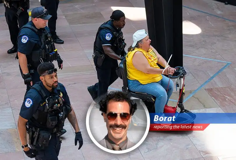 Borat reports on the American Capitol Police arresting over 30 protesters, including those in wheelchairs, for protesting proposed Medicaid cuts in President Trump's budget bill. Is very interesting!