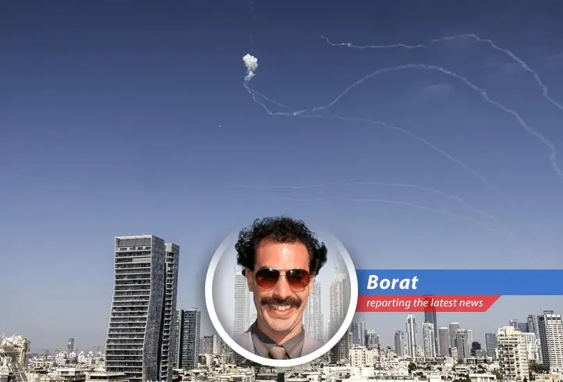 Borat reports on the escalating conflict between Iran and Israel, featuring missiles, nuclear worries, and the ever-present threat of Donald Trump.