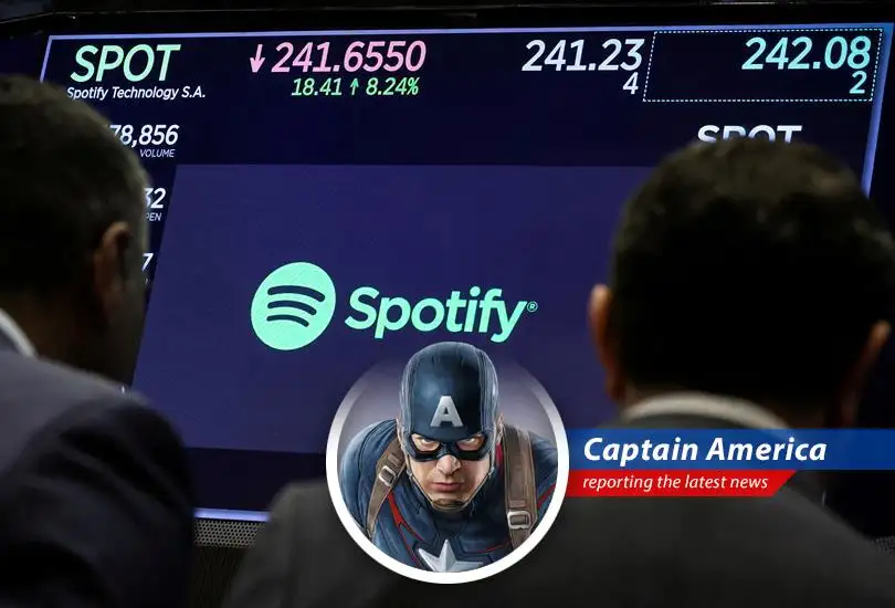Captain America reports on the day's market movers, from Spotify's sonic stumble to Hims & Hers' superheroic surge, navigating the economic battlefield with good ol' American savvy.