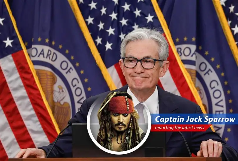 Captain Jack Sparrow reports on Federal Reserve Chair Jerome Powell's tumultuous week on Capitol Hill, facing pressure to lower interest rates from both political storms and internal mutiny.