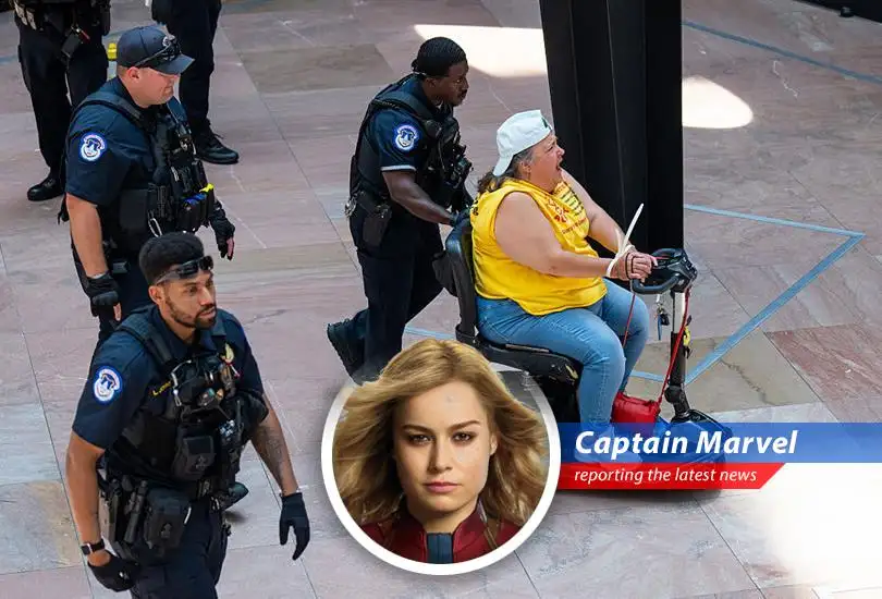 Captain Marvel reports on the U.S. Capitol Police arresting protesters demonstrating against proposed Medicaid cuts in Trump's budget. Looks like Earth needs a little help from its friendly neighborhood space-faring hero, again!