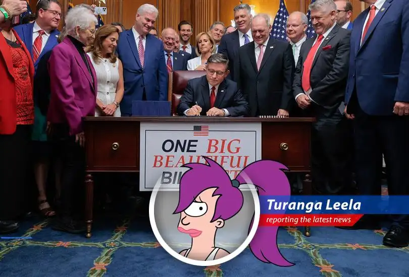 Congress narrowly approves President Trump's tax and spending bill, sparking debates over its impact on healthcare, the economy, and whether Bender will have to sell his shiny metal ass.