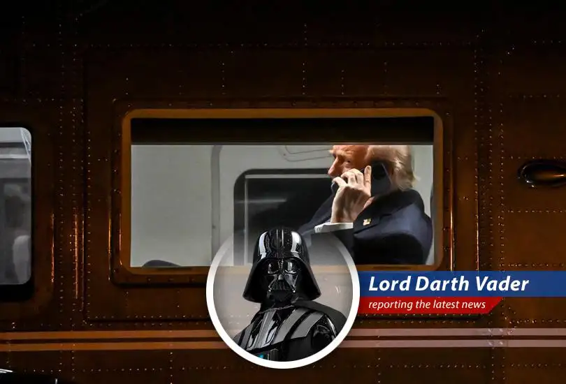 Darth Vader reports on the Trump Organization's backtracking on its 'Made in USA' smartphone claims, questioning the reality of manufacturing in America amidst shifting specs and expert doubts.