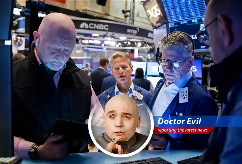 Doctor Evil reports on market fluctuations, Trump's tariff troubles, Goldman Sachs' woes, and potential pharmaceutical tariffs... all while plotting world domination.