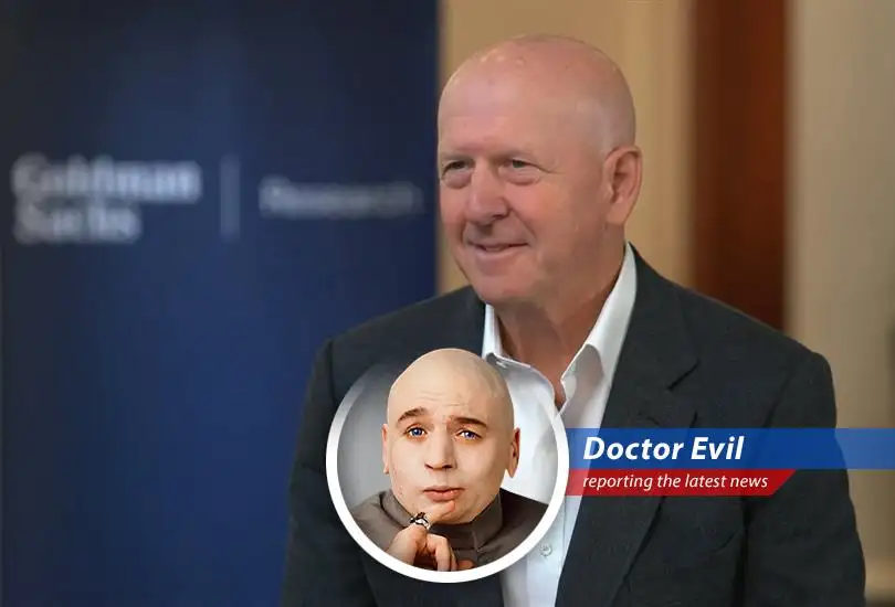 Doctor Evil weighs in on Jim Cramer's Charitable Trust selling Goldman Sachs shares, revealing his diabolical plan to control the stock market with lasers... and sharks with lasers!