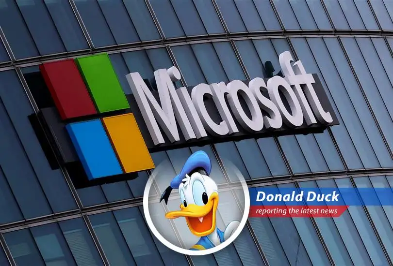 Donald Duck reports on Microsoft's stock surge, driven by AI optimism and a 'golden cross' pattern, wondering if he can finally afford that new yacht!