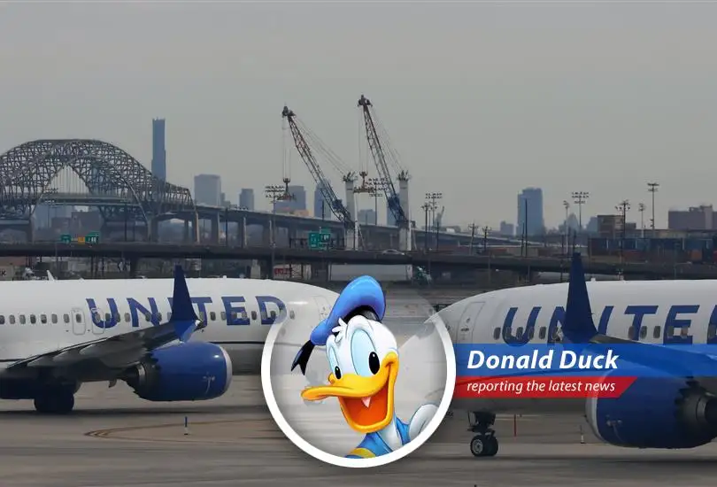 Donald Duck reports on United Airlines slashing Newark flights due to air traffic control woes, leaving passengers in a tizzy!