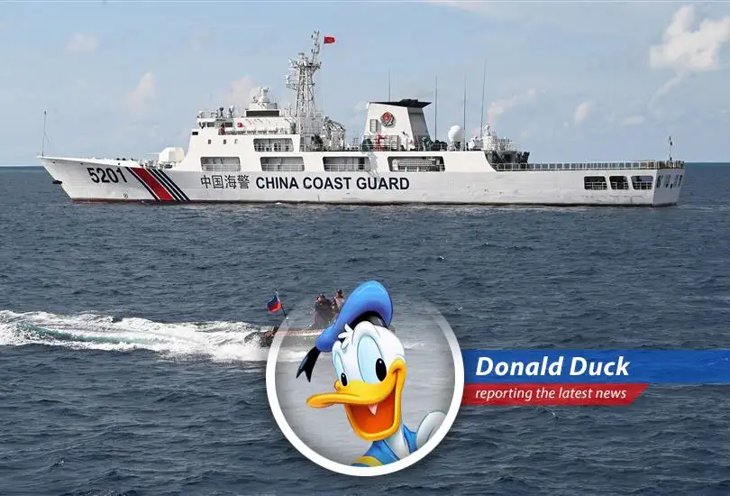 Donald Duck reports on the Philippines debunking claims of China seizing a disputed reef in the South China Sea, amidst escalating tensions and election meddling accusations. What a quack-up!