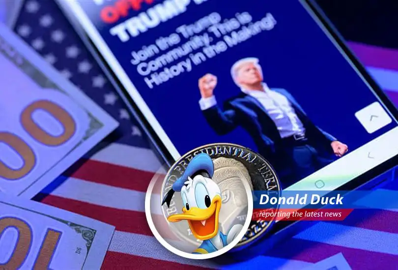 Donald Duck reports on the bewildering news of Donald Trump's meme token team partnering with Magic Eden to launch a $TRUMP-branded cryptocurrency wallet, while Eric Trump claims to know nothin'!