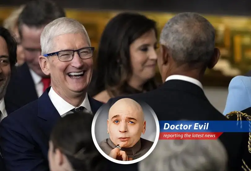 Dr. Evil analyzes Apple's latest earnings report, pondering the implications of Trump's tariffs and the potential for world domination...or at least a new laser.