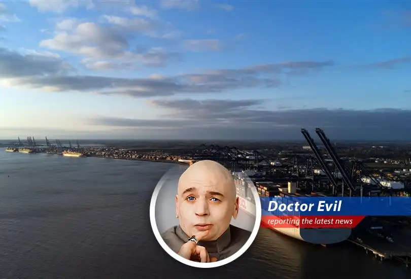 Dr. Evil analyzes the UK's plummeting exports to the US, blaming tariffs and giggling maniacally at the economic turmoil.