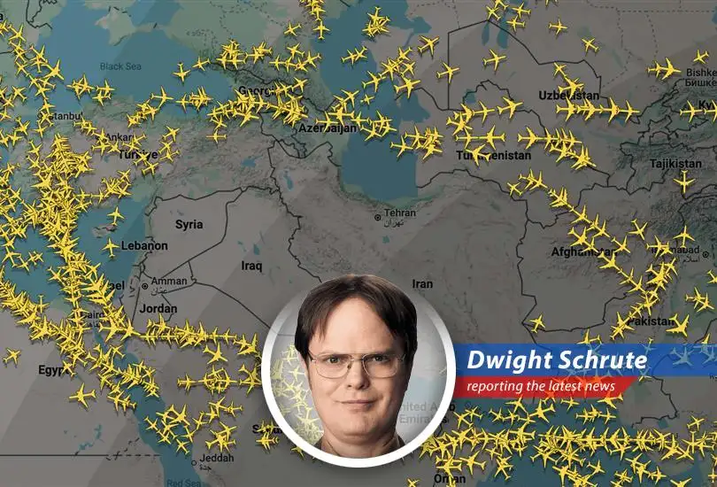 Dwight K. Schrute, Assistant Regional Manager (and Volunteer Sheriff's Deputy) reports on the chaos in Middle Eastern airspace, where airlines are diverting flights faster than Michael Scott can mismanage a client meeting. Prepare for turbulence!