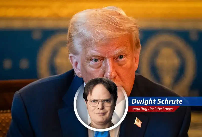 Dwight K. Schrute, Assistant Regional Manager (and volunteer Sheriff's Deputy), investigates claims that Trump's tariffs will cause price increases and finds them about as believable as Mose growing a beard.