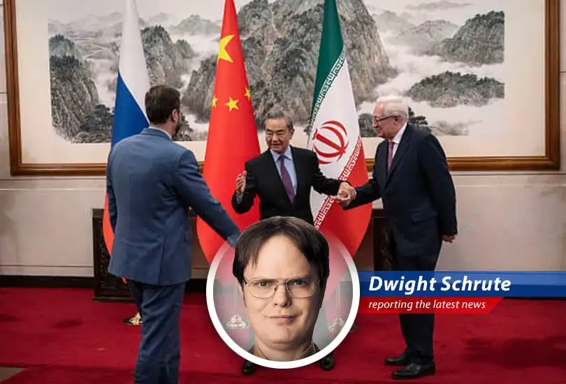 Dwight K. Schrute analyzes China's measured response to the escalating conflict between the U.S., Iran, and Israel, revealing potential opportunities for Beijing amidst the chaos. Bears. Beets. Battlestar Galactica.