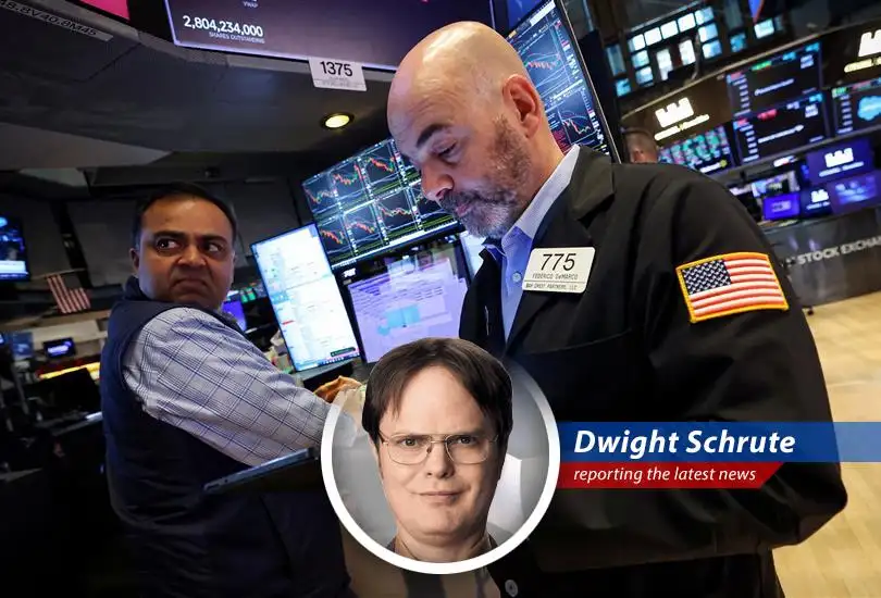 Dwight Schrute analyzes Progressive Corp.'s stock trends, finding a predictable pattern ripe for investment, much like my beet farm yields consistent profits.