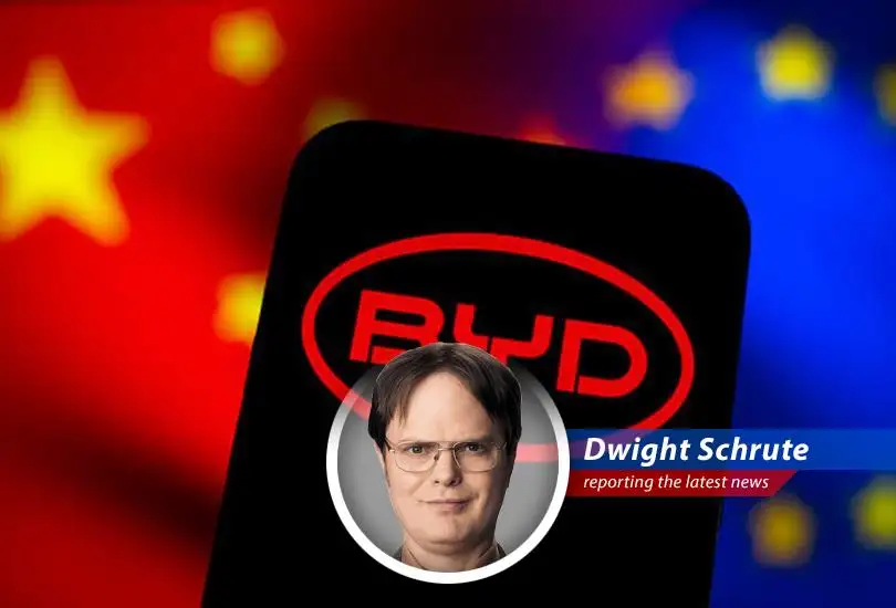 Dwight Schrute reports on BYD outselling Tesla in European EV market, a watershed moment proving Chinese ingenuity and Tesla's temporary lapse in beet-farming strategy.
