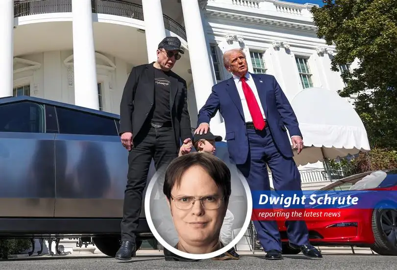Dwight Schrute reports on Elon Musk's comments on tariffs, Tesla's financial performance, and his relationship with President Trump, with a beet-flavored twist.