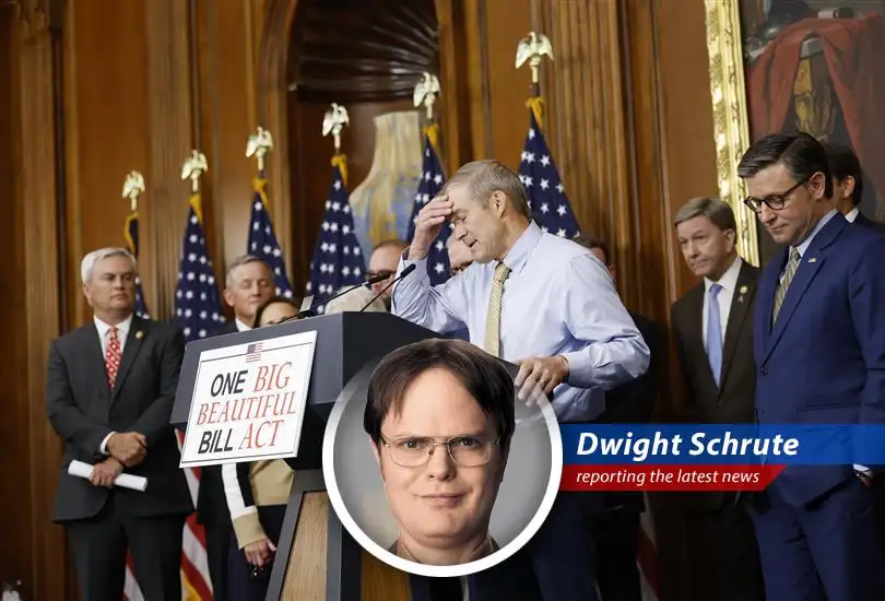Dwight Schrute reports on the Congressional Budget Office's findings that President Trump's proposed budget will add trillions to the national debt, facing criticism from within his own party and figures like Elon Musk.