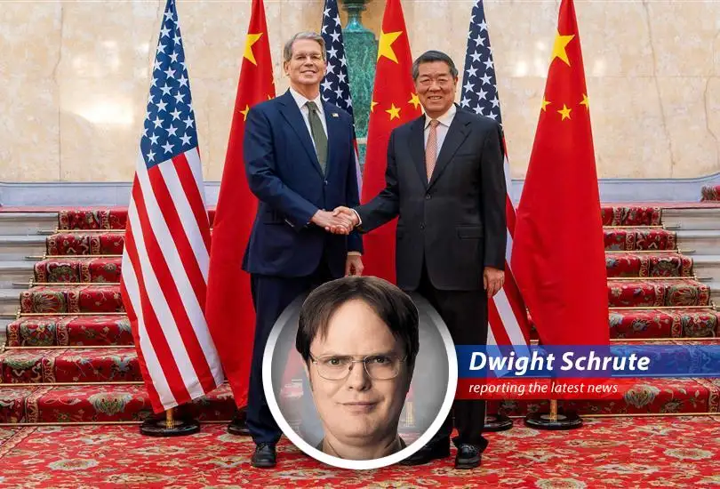 Dwight Schrute reports on the ongoing trade talks between the United States and China, filled with political intrigue, agricultural implications, and potential threats to Schrute Farms.