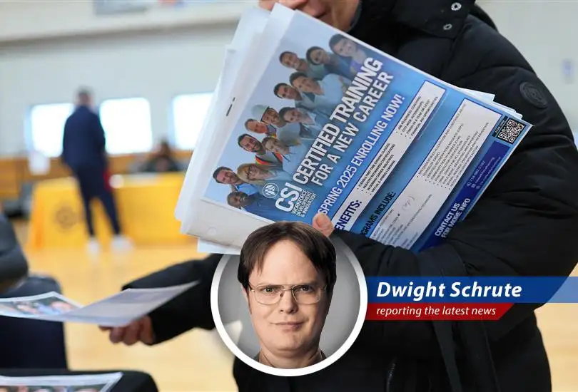 Dwight Schrute reports on the recent ADP report showing a slowdown in hiring due to tariff concerns, but reminds everyone that Schrute Farms is always hiring. Bears. Beets. Battlestar Galactica.