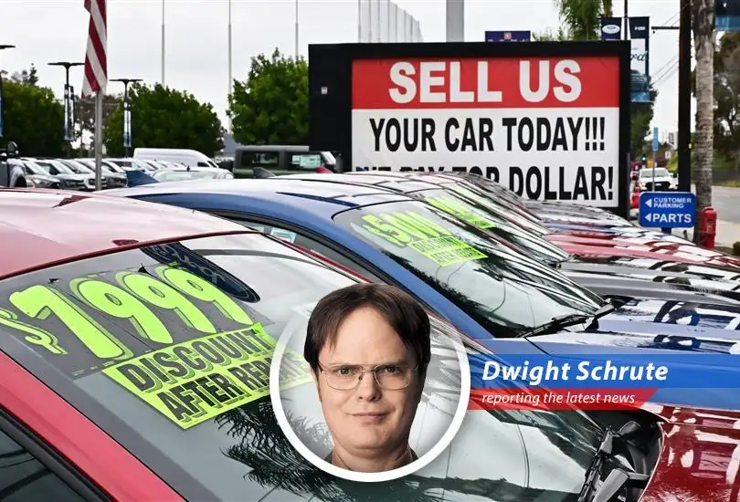 Dwight Schrute reports on the unsettling trend of rising used car prices, fueled by tariff fears, while Schrute Farms beet prices remain tragically stable.