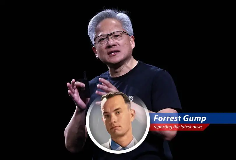 Forrest Gump reports on Jensen Huang's European tour, where he promised AI dreams and dodged questions about China, all while looking like a rockstar!