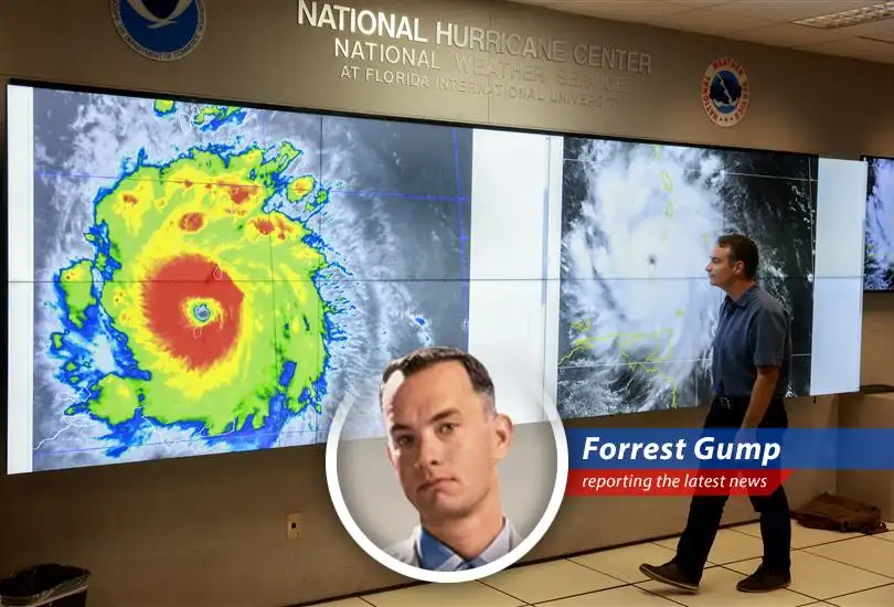 Forrest Gump reports on NOAA's hurricane season forecast, blending folksy wisdom with the serious business of weather predictions and insurance woes.