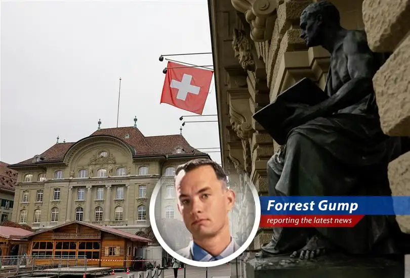 Forrest Gump reports on Switzerland's interest rate cut, potential deflation, and the strength of the Swiss franc, pondering if negative rates are like shrimp – you can barbecue it, boil it, broil it, bake it, saute it...