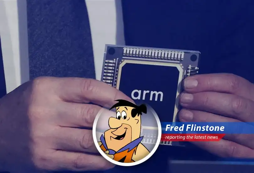 Fred Flinstone reports on Arm's recent stock tumble after a less-than-stellar financial forecast, proving even Bedrock's tech is prone to a rocky ride.