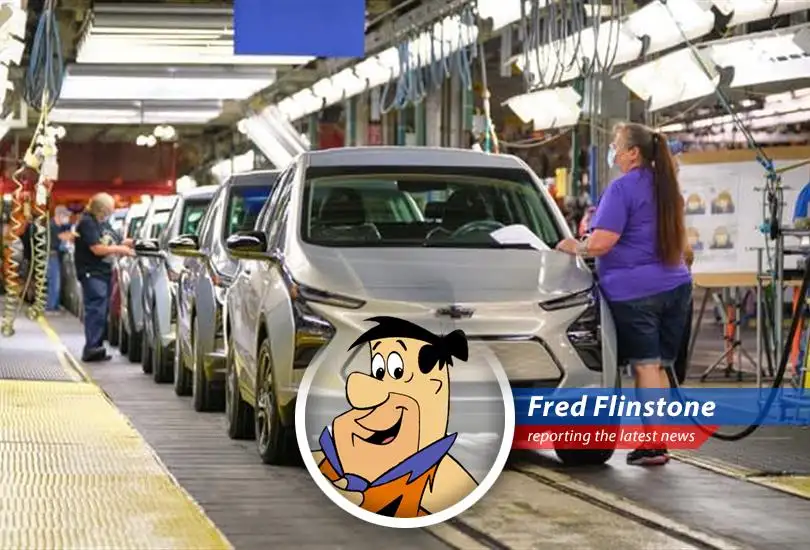 Fred Flinstone reports on General Motors' $4 Billion investment in US plants, moving gas-powered car production from Mexico and confusing everyone about electric cars, yabba dabba doo!