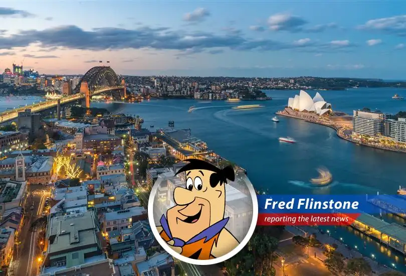 Fred Flinstone reports on the Australian stock market dip after Albanese's win and Wall Street's wild ride, with a dash of Stone Age wisdom.