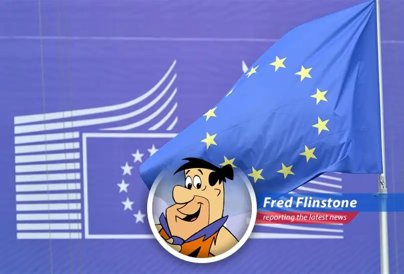 Fred Flinstone reports on the EU's fight with the US over tariffs, threatening a rumble bigger than Dino's appetite!