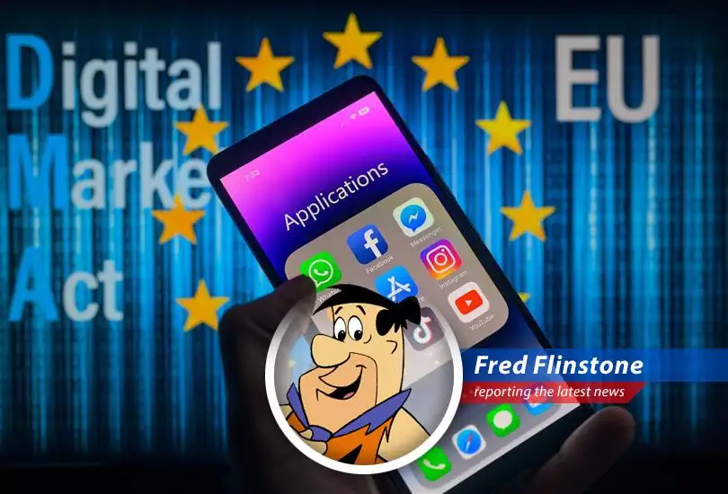 Fred Flinstone reports on the European Union fining Apple and Meta for breaching digital competition laws, with a Flintstones twist.