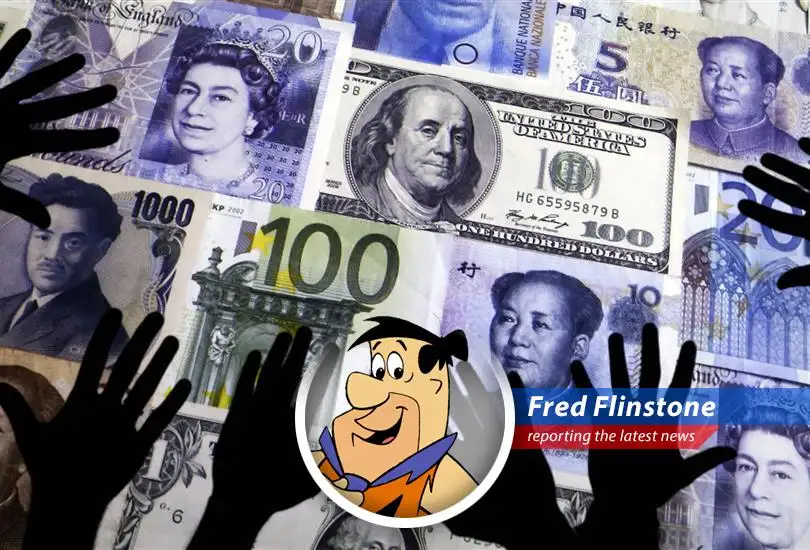 Fred Flinstone reports on the US Dollar's recent tumble, blaming it all on that modern stone-age stuff and maybe a little bit on a certain orange-haired fella.