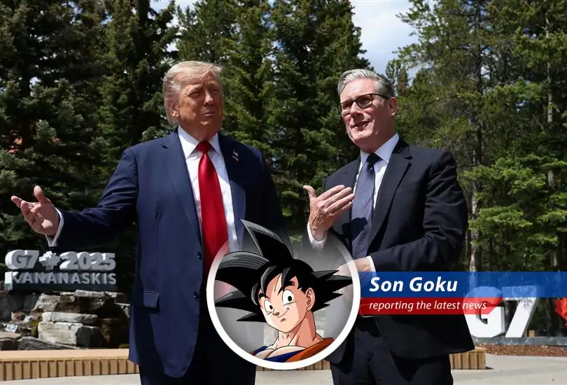 Goku reports on the recent trade agreement between the US and Britain, featuring lower tariffs, unresolved steel issues, and a whole lot of Saiyan skepticism.
