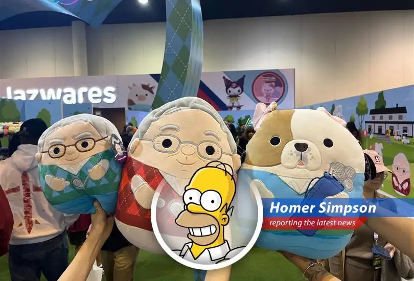Homer Simpson reports live from the Berkshire Hathaway shareholders meeting, where plush toys, chocolate, and claw machines are stealing the show. Mmm, bargains!