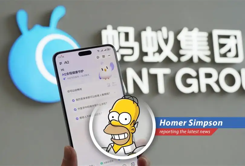 Homer Simpson reports on Ant Group's new AI health app, AQ, that promises to bring speedy doctor access and advice, potentially spreading faster than a box of donuts at a police convention.