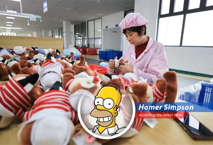 Homer Simpson reports on how China's manufacturing is shrinking faster than his hairline due to the ongoing trade war with the US, leaving everyone saying