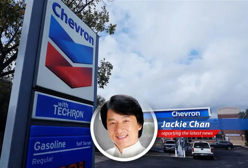 Jackie Chan humorously reports on Chevron's recent stock dip, profit decline, and repurchase plans amidst fluctuating oil prices, drawing parallels to action-packed movie scenarios.