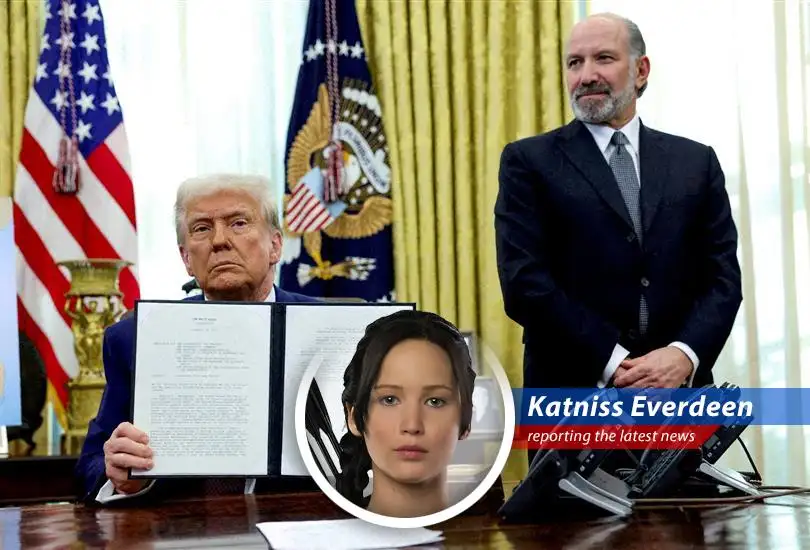 Katniss Everdeen reports on the Trump administration's unwavering commitment to tariffs and the global market's reaction, drawing parallels to the Capitol's control and the fight for survival.
