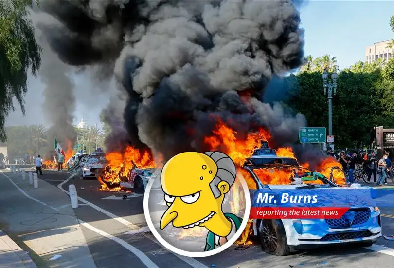 Los Angeles protesters give Waymo robotaxis a fiery sendoff amidst Trump's immigration crackdown, much to my amusement.