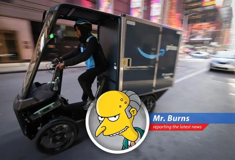 Montgomery Burns analyzes Amazon's downgraded stock, citing tariffs and investment risks, and sees an opportunity for Springfield Power Plant domination.