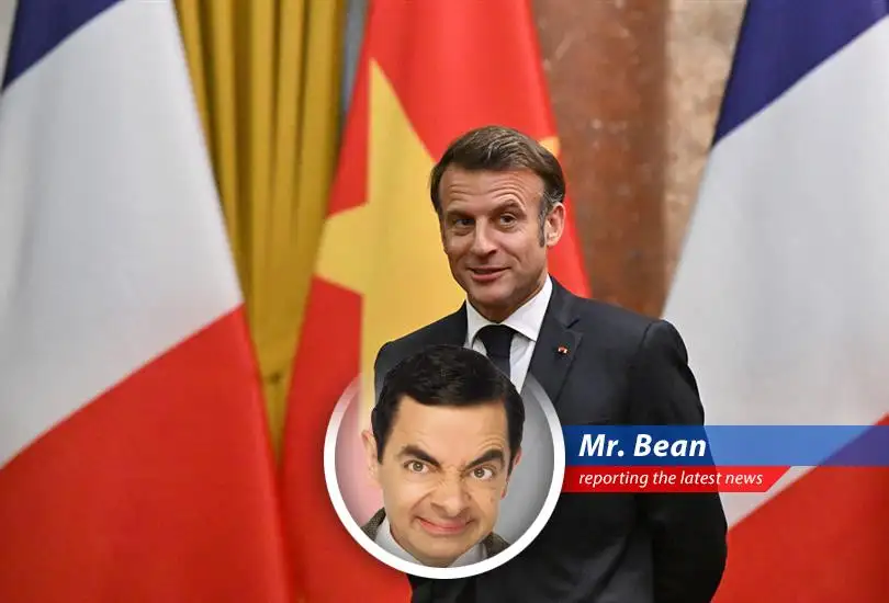 Mr. Bean reports on President Macron's plea for a new coalition to avoid getting squished between America and China, wondering if a strategically placed rubber chicken could help.