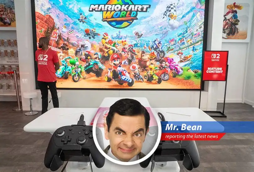 Mr. Bean reports on the astonishing launch of the Nintendo Switch 2, filled with sell-outs, potential shortages, and tariff troubles – all while trying to find a parking space!