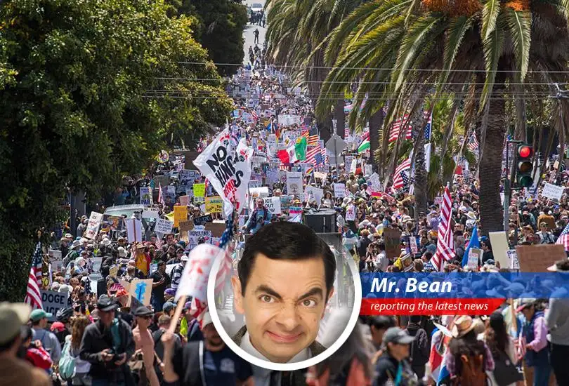 Mr. Bean reports on the controversial military parade, complete with tanks, protests, and a very large cake. Utter madness!